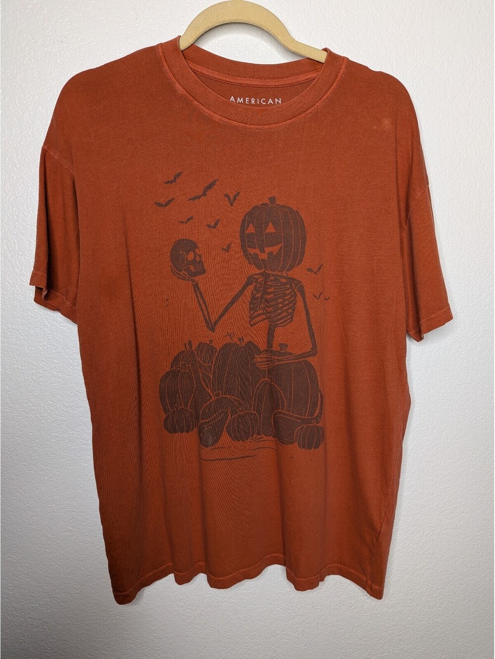 American Eagle Halloween Pumpkin Skeleton Graphic Tee Orange XS/S